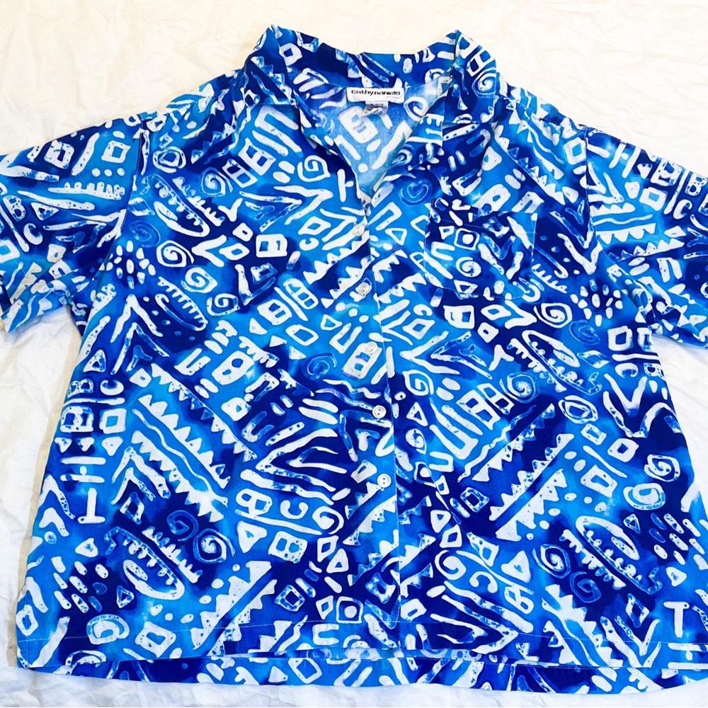 blue and white tribal print button down | XL/XXL, 90s